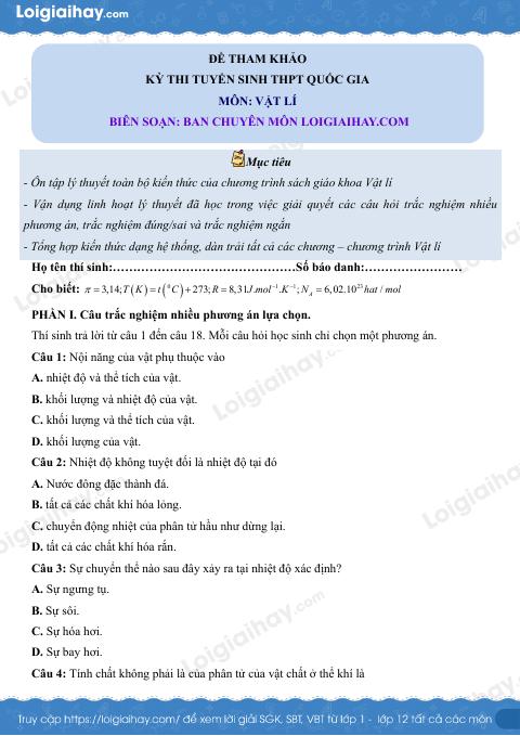 Đề tham khảo thi Vật lí THPT (Đề số 1) - có lời giải chi tiết